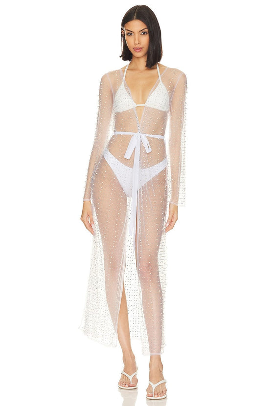 Beach Bunny Apparel & Accessories > Clothing > Dresses White / Medium Beach Bunny Swimwear White Late Nights Pearl Mesh Cardigan 2024 Beach Bunny Swimwear White Late Nights Sheer Pearl Cardigan