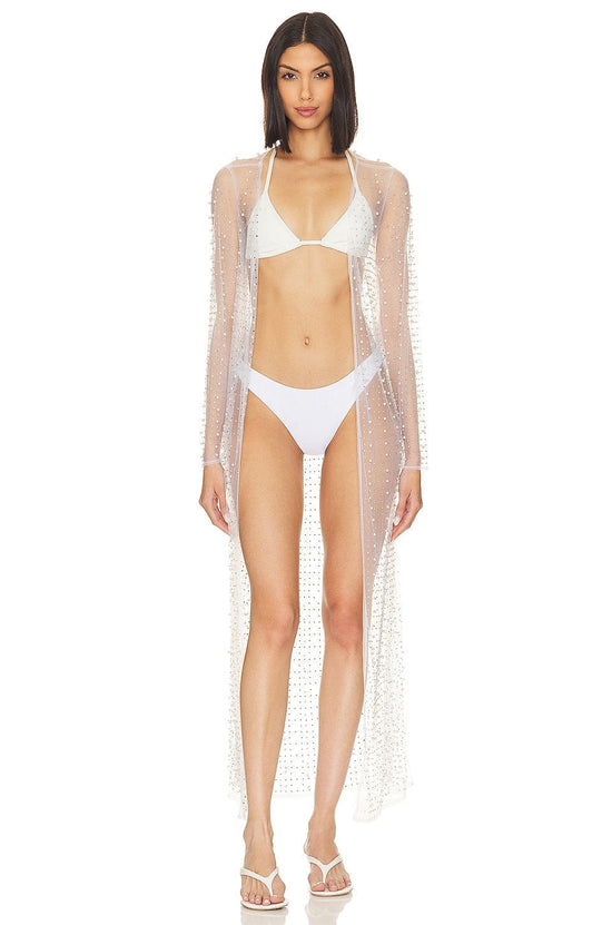 Beach Bunny Apparel & Accessories > Clothing > Dresses White / Medium Beach Bunny Swimwear White Late Nights Pearl Mesh Cardigan 2024 Beach Bunny Swimwear White Late Nights Sheer Pearl Cardigan