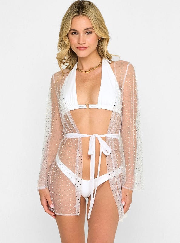 Beach Bunny Apparel & Accessories > Clothing > Swimwear Beach Bunny Swimwear White Girl Gang Pearl Mesh Cover Up Mini Robe 2023 Beach Bunny Swimwear Nude Girl Gang Mesh Mini Robe