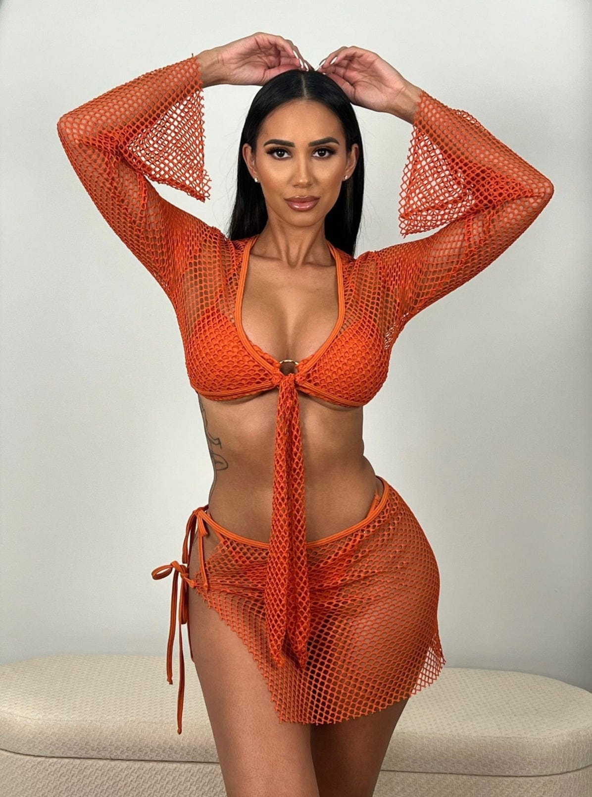 Berry Beachy Swimwear Apparel & Accessories > Clothing > Skirts 2 Pc. Black Tulum Mesh Net Tie Front Top & Skirt Beach Cover-Up Set 2023 Sexy Black Tulum Fishnet Skirt Top Berry Beachy Swimwear Set