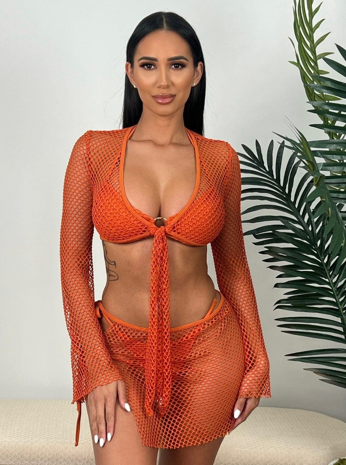 Berry Beachy Swimwear Apparel & Accessories > Clothing > Skirts 2 Pc. Black Tulum Mesh Net Tie Front Top & Skirt Beach Cover-Up Set 2023 Sexy Black Tulum Fishnet Skirt Top Berry Beachy Swimwear Set