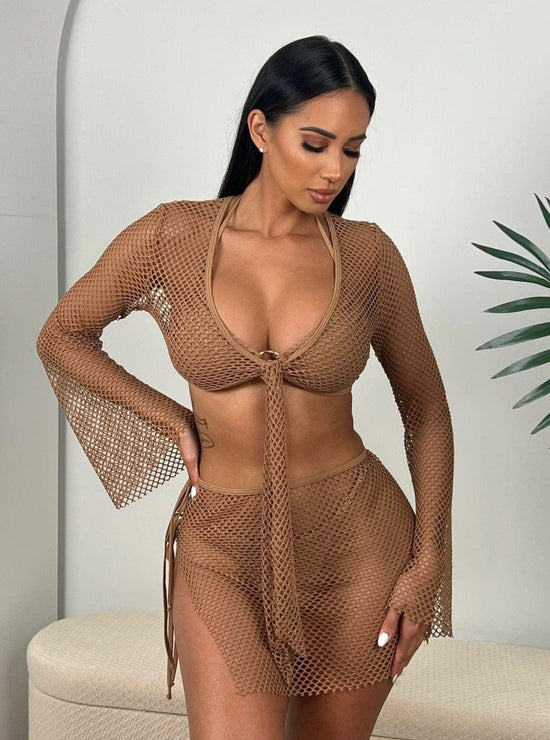 Berry Beachy Swimwear Apparel & Accessories > Clothing > Skirts 2 Pc. Ginger Orange Tulum Mesh Net Tie Front Top & Skirt Beach Cover-Up Set 2023 Ginger Orange Berry Beachy Swimwear Tulum Net Skirt Top Set