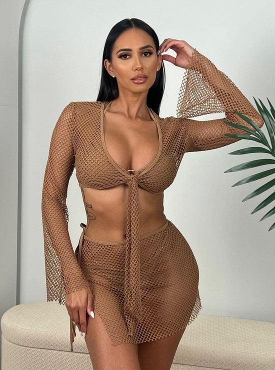 Berry Beachy Swimwear Apparel & Accessories > Clothing > Skirts 2 Pc. Ginger Orange Tulum Mesh Net Tie Front Top & Skirt Beach Cover-Up Set 2023 Ginger Orange Berry Beachy Swimwear Tulum Net Skirt Top Set