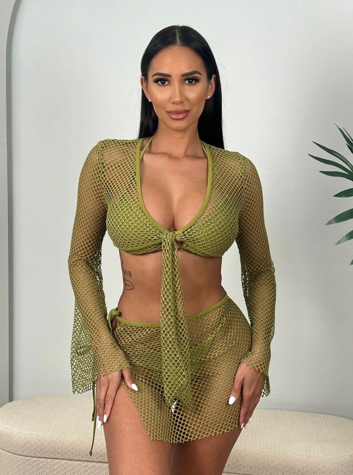 Berry Beachy Swimwear Apparel & Accessories > Clothing > Skirts 2 Pc. Sage Green Tulum Mesh Net Tie Front Top & Skirt Beach Cover-Up Set 2023 Sage Green Berry Beachy Swimwear Tulum Fishnet Skirt Top Set