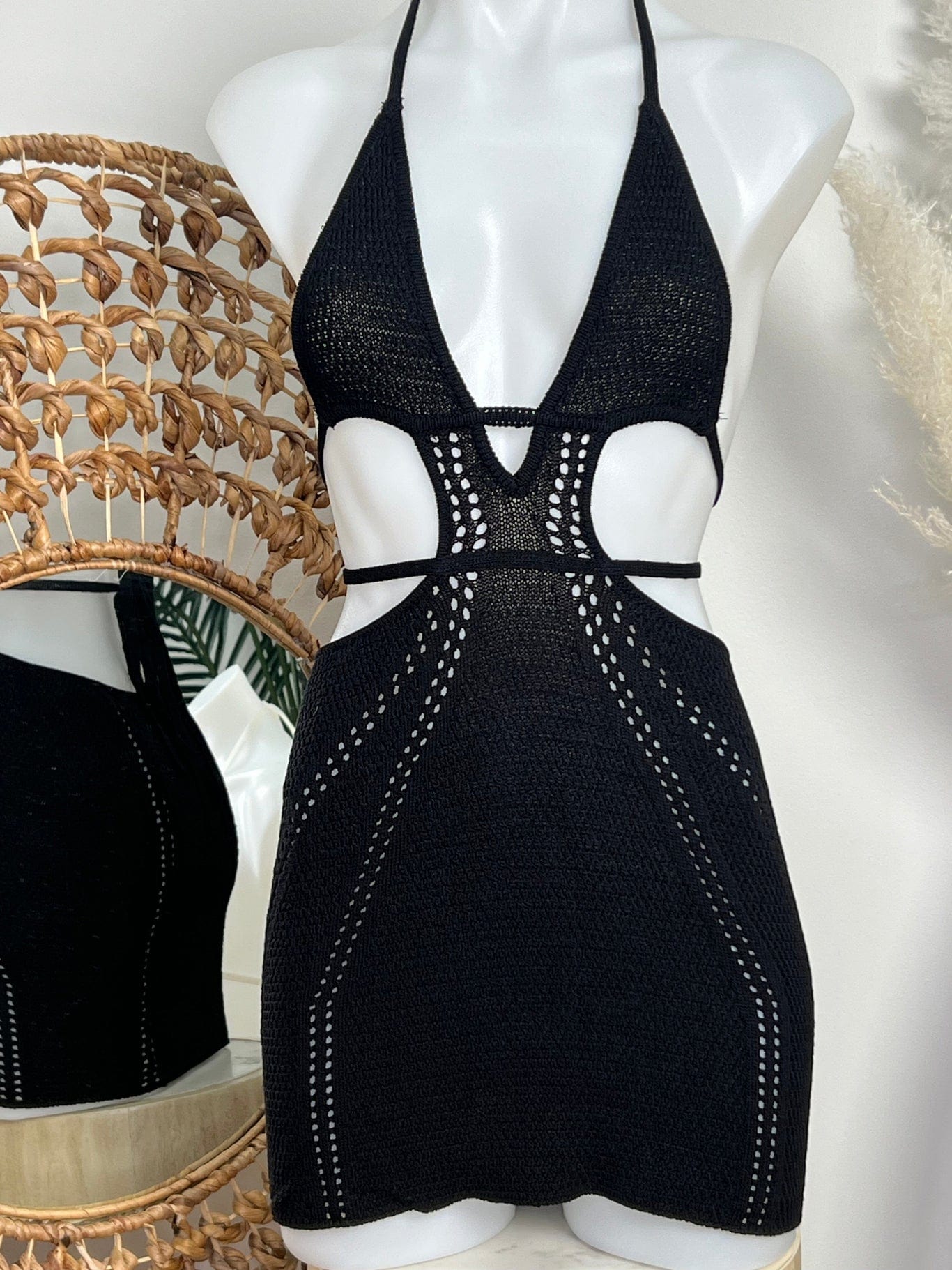 Berry Beachy Swimwear Apparel & Accessories > Clothing > Skirts Black / Extra Small Black Knit Halter Neck Backless Beach Resort Mini Dress 2024 Sexy Black Crochet Halter Neck Mini Dress Berry Beachy Swim