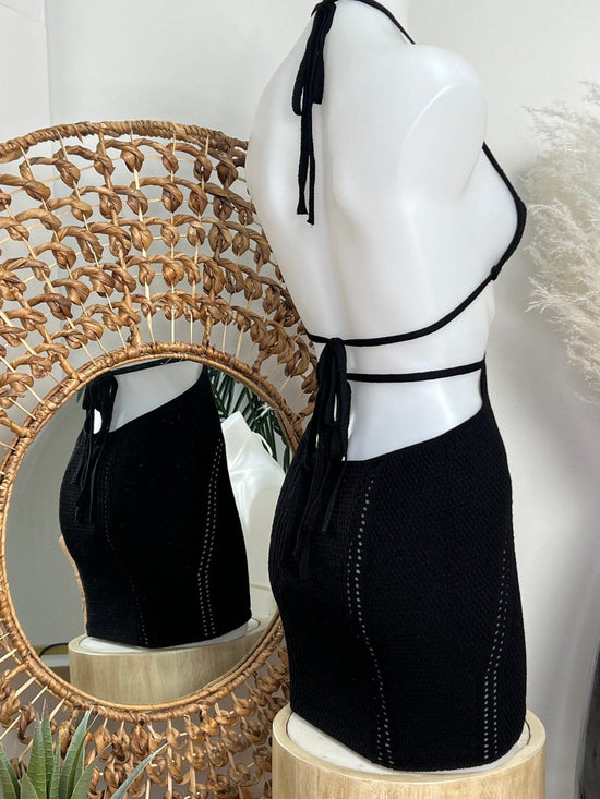 Berry Beachy Swimwear Apparel & Accessories > Clothing > Skirts Black Knit Halter Neck Backless Beach Resort Mini Dress 2024 Sexy Black Crochet Halter Neck Mini Dress Berry Beachy Swim