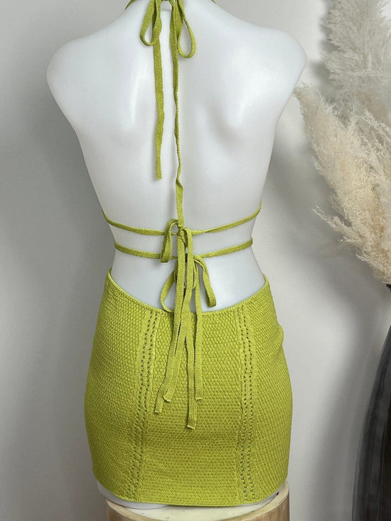 Berry Beachy Swimwear Apparel & Accessories > Clothing > Skirts Lime Green Crochet Knit Halter Neck Backless Beach Resort Mini Dress 2024 Sexy Berry Beachy Lime Green Crochet Halter Neck Mini Dress