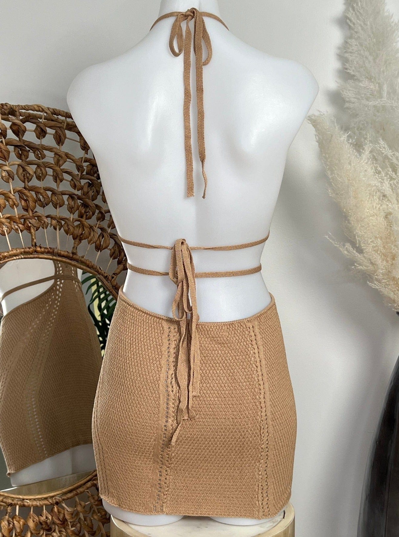 Berry Beachy Swimwear Apparel & Accessories > Clothing > Skirts Nude Tan Crochet Knit Halter Neck Backless Beach Resort Mini Dress 2024 Sexy Berry Beachy Nude Tan Crochet Halter Neck Mini Dress