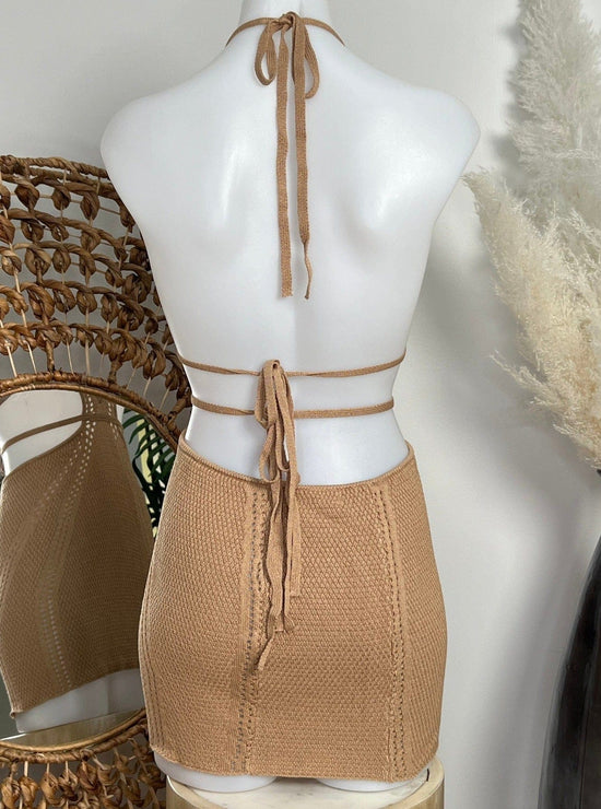 Berry Beachy Swimwear Apparel & Accessories > Clothing > Skirts Nude Tan Crochet Knit Halter Neck Backless Beach Resort Mini Dress 2024 Sexy Berry Beachy Nude Tan Crochet Halter Neck Mini Dress