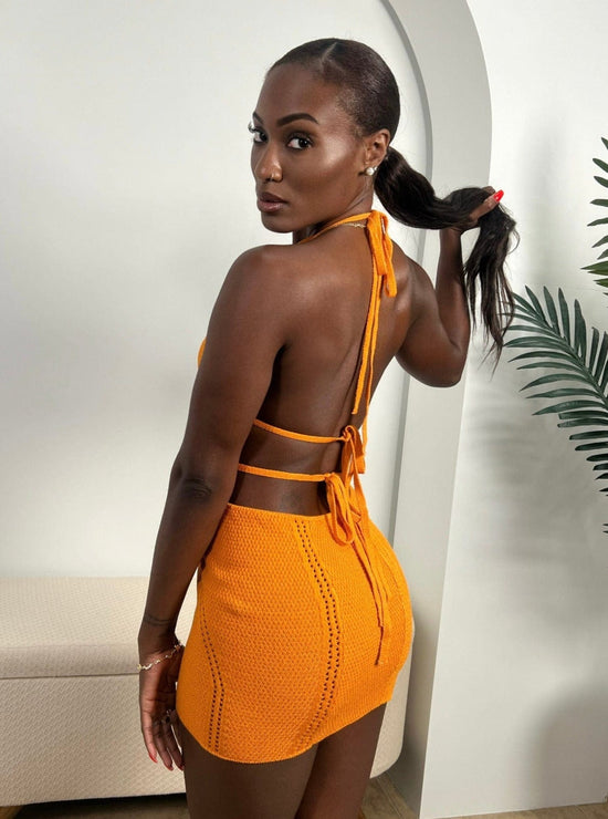 Berry Beachy Swimwear Apparel & Accessories > Clothing > Skirts Orange Crochet Knit Halter Neck Backless Beach Resort Mini Dress 2024 Sexy Orange Crochet Halter Neck Mini Dress Berry Beachy Swim