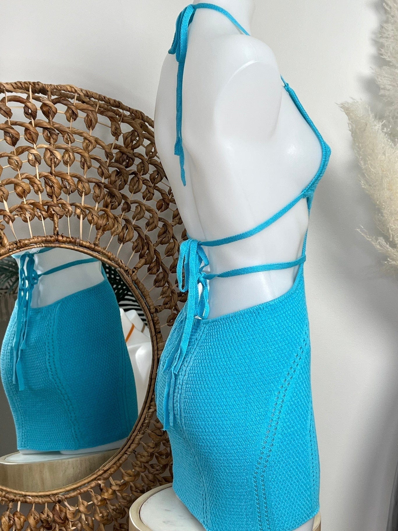 Berry Beachy Swimwear Apparel & Accessories > Clothing > Skirts Sky Blue Crochet Knit Halter Neck Backless Beach Resort Mini Dress 2024 Sexy Berry Beachy Sky Blue Crochet Halter Neck Mini Dress