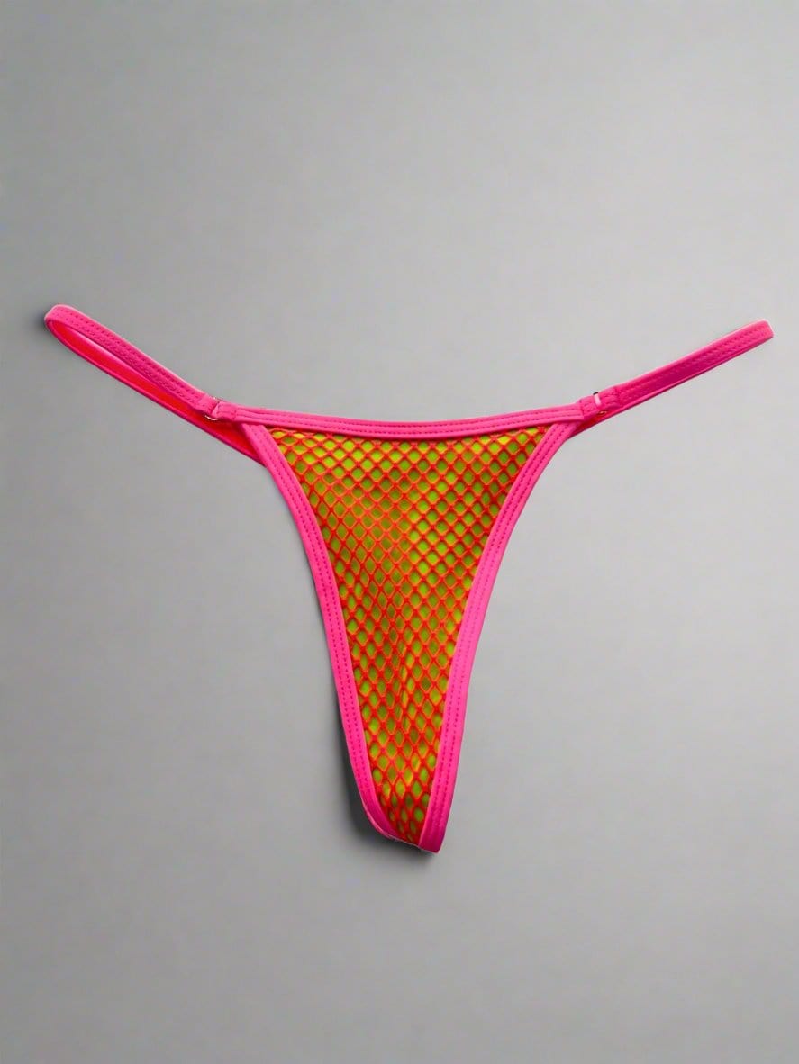 Berry Beachy Swimwear Apparel & Accessories > Clothing > Swimwear Kiwi Green w/ Neon Pink Fishnet Tulum Micro Top & Micro G-string Thong Bottom Bikini (Also Plus Sizes) 2024 Green Neon Pink Tulum Mesh  Micro Top G-String Thong Bikini