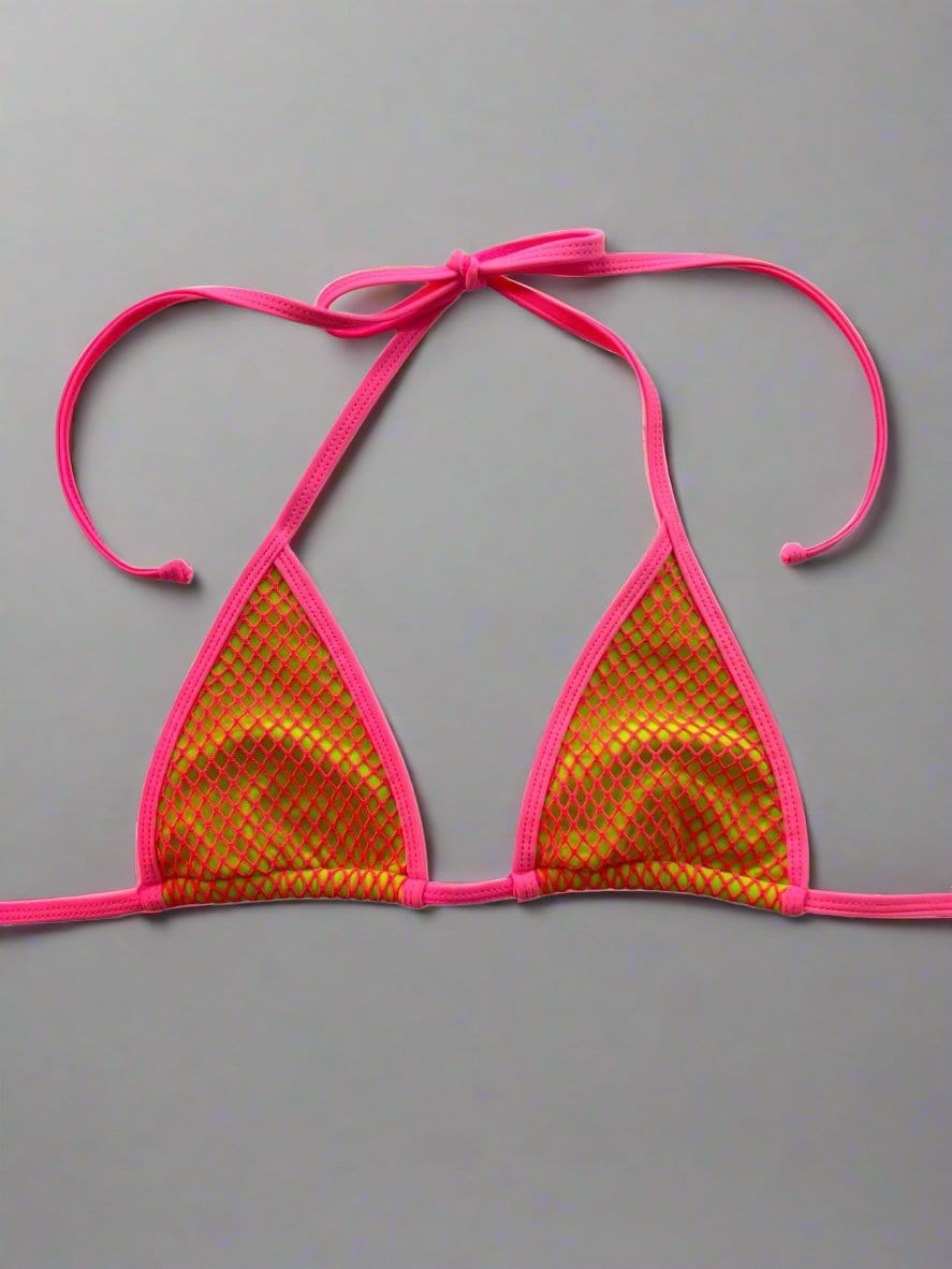 Berry Beachy Swimwear Apparel & Accessories > Clothing > Swimwear Kiwi Green w/ Neon Pink Mesh Net Tulum Triangle Top & V Cut Thong Bottom Bikini (Plus Sizes Available) 2024 Sexy Green Pink Mesh Tulum Triangle Top Thong Bottom Bikini