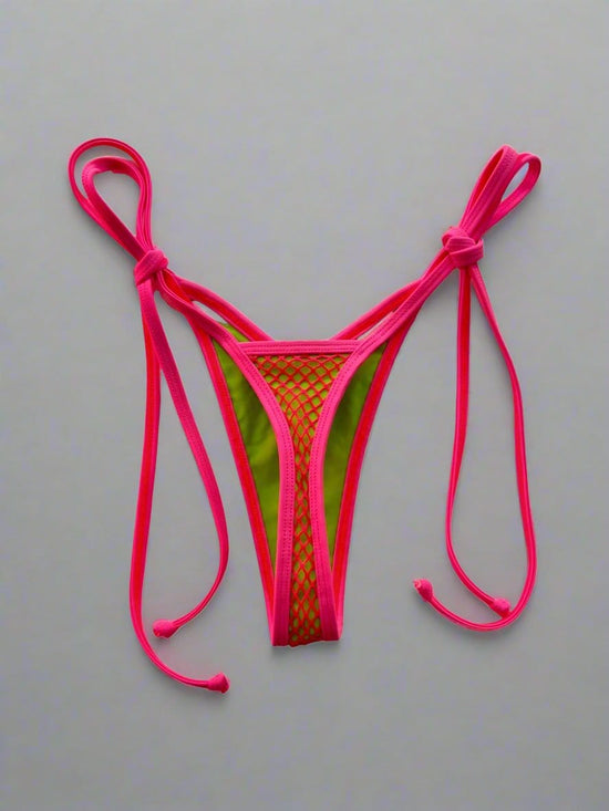 Berry Beachy Swimwear Apparel & Accessories > Clothing > Swimwear Kiwi Green w/ Neon Pink Mesh Net Tulum Triangle Top & V Cut Thong Bottom Bikini (Plus Sizes Available) 2024 Sexy Green Pink Mesh Tulum Triangle Top Thong Bottom Bikini