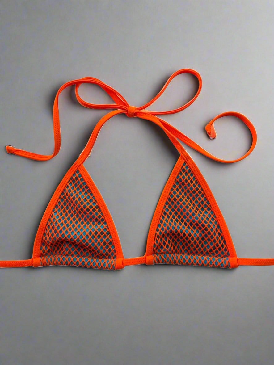 Berry Beachy Swimwear Apparel & Accessories > Clothing > Swimwear Neon Orange Tulum Fishnet Triangle Top & Cheeky Scrunch Bottom Bikini (Plus Sizes Available) 2024 Orange Net Tulum Triangle Top & Cheeky Berry Beachy Bikini