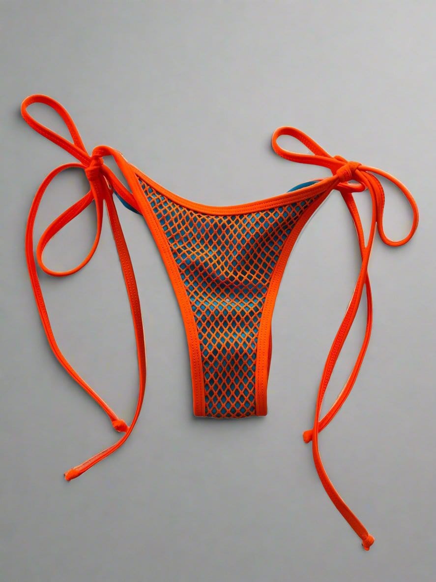 Berry Beachy Swimwear Apparel & Accessories > Clothing > Swimwear Neon Orange Tulum Fishnet Triangle Top & Cheeky Scrunch Bottom Bikini (Plus Sizes Available) 2024 Orange Net Tulum Triangle Top & Cheeky Berry Beachy Bikini