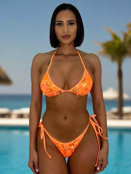 Berry Beachy Swimwear Apparel & Accessories > Clothing > Swimwear Orange Sequin Fixed Triangle Top & Tie Side V Thong G-String Bottom Bikini (Also Plus Size) 2025 Sexy Orange Sequin Triangle Top Tie Side V Thong Bikini