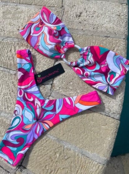 Berry Beachy Swimwear Apparel & Accessories > Clothing > Swimwear Print / Extra Small / Extra Small Cosmo Bandeau Top & Y Cut Thong Bottom Bikini (Plus Sizes Available) 2023 Sexy Berry Beachy Swimwear Cosmo Bandeau Slide Thong Bikini