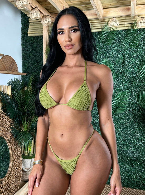 Berry Beachy Swimwear Apparel & Accessories > Clothing > Swimwear Sage Green Tulum Fishnet Micro Triangle Top & Micro Thong Bottom Bikini (Plus Sizes Available) 2023 Sexy Sage Green Tulum Micro Thong Berry Beachy Swimwear Bikini