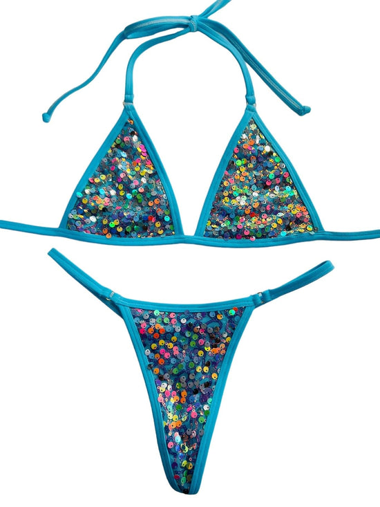 Berry Beachy Swimwear Apparel & Accessories > Clothing > Swimwear Sirena Blue Sequin Fixed Triangle Top & Micro Thong Bottom Bikini (Plus Sizes Available) 2024 Sexy Blue Sequin Sirena Triangle Top & Micro Thong Bikini