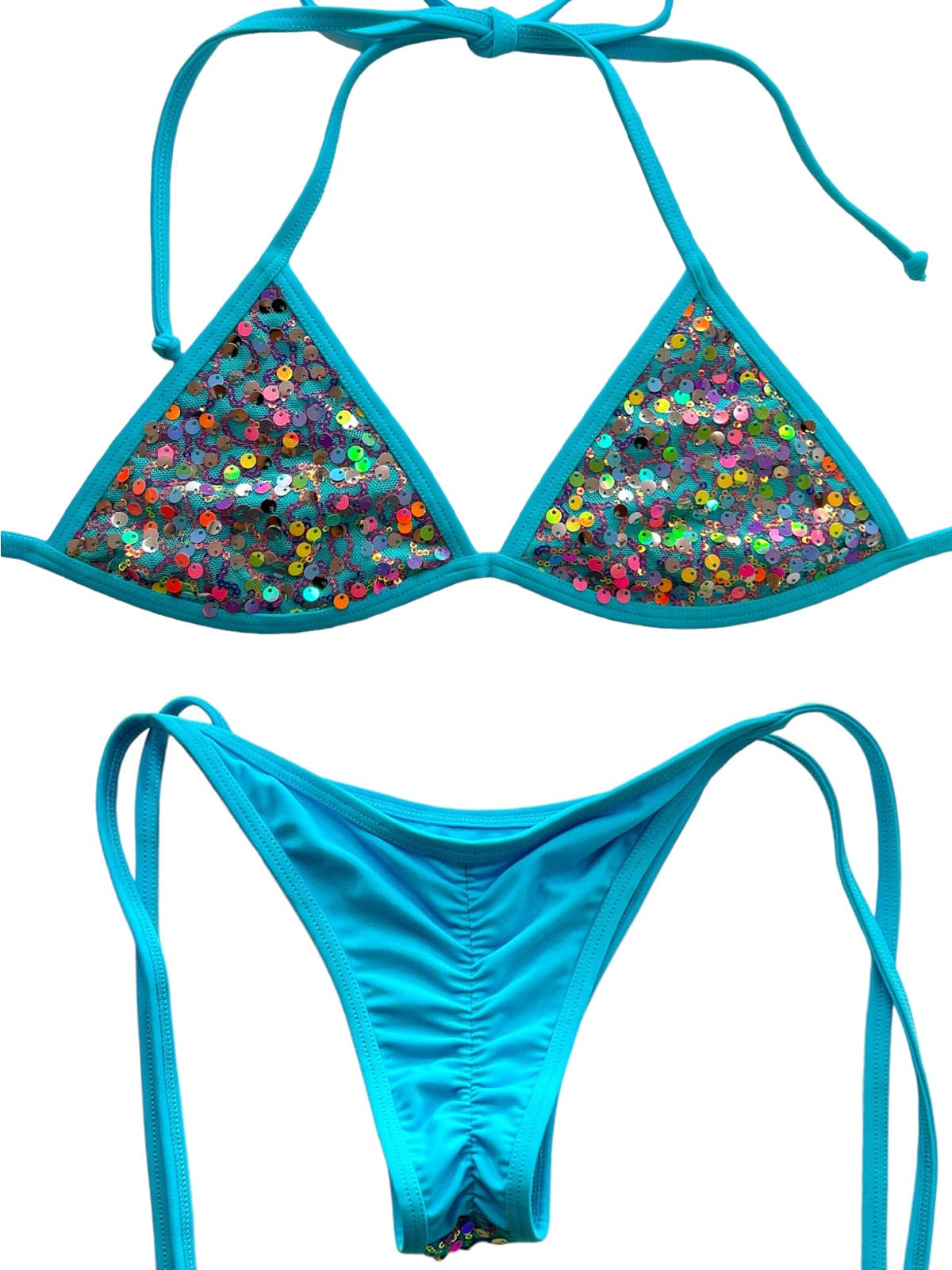 Berry Beachy Swimwear Apparel & Accessories > Clothing > Swimwear Sirena Blue Sequin Fixed Triangle Top & Tie Side Cheeky Scrunch Bottom Bikini (Plus Sizes Available) 2024 Sexy Blue Sequin Sirena Fixed Triangle Top & V Thong Bikini