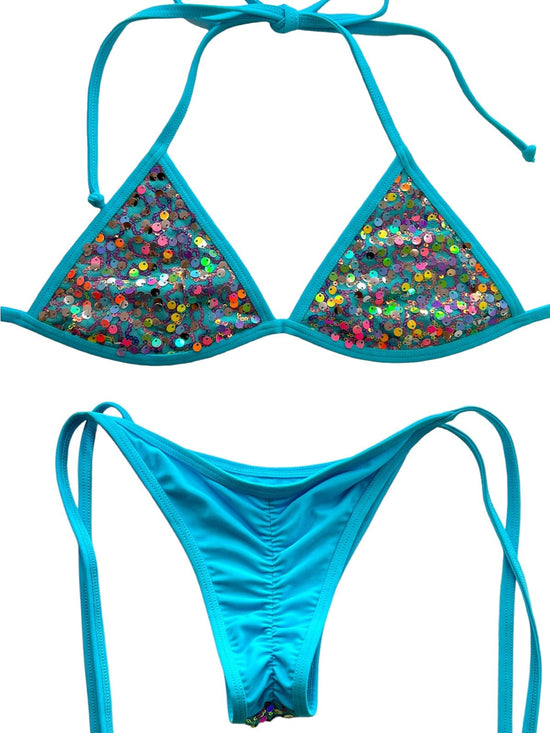 Berry Beachy Swimwear Apparel & Accessories > Clothing > Swimwear Sirena Blue Sequin Fixed Triangle Top & Tie Side Cheeky Scrunch Bottom Bikini (Plus Sizes Available) 2024 Sexy Blue Sequin Sirena Fixed Triangle Top & V Thong Bikini