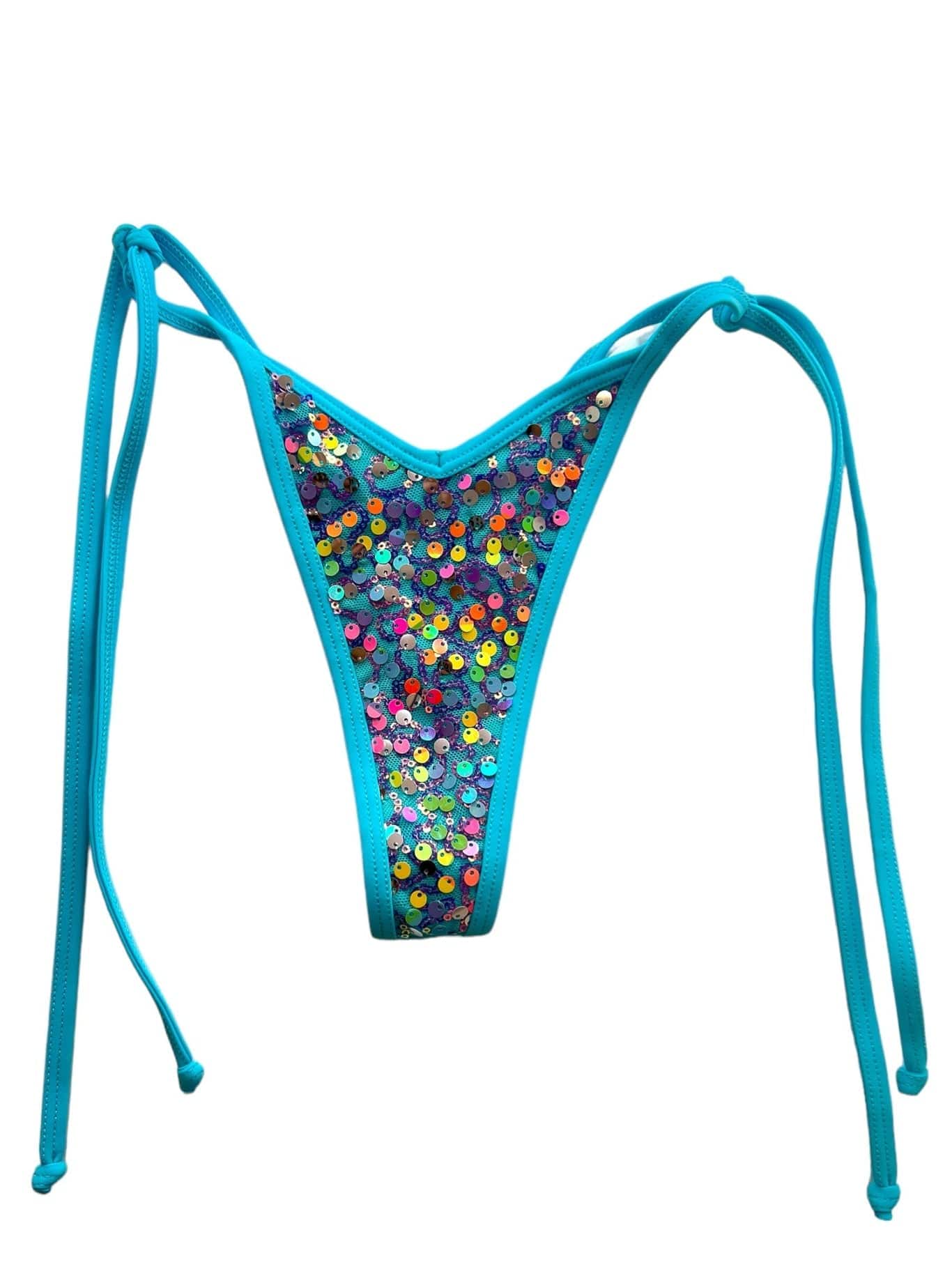 Berry Beachy Swimwear Apparel & Accessories > Clothing > Swimwear Sirena Blue Sequin Fixed Triangle Top & Tie Side V Thong Bottom Bikini (Plus Sizes Available) 2024 Sexy Blue Sequin Sirena Fixed Triangle Top & V Thong Bikini