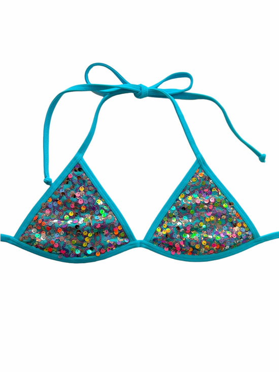 Berry Beachy Swimwear Apparel & Accessories > Clothing > Swimwear Sirena Blue Sequin Fixed Triangle Top & Tie Side V Thong Bottom Bikini (Plus Sizes Available) 2024 Sexy Blue Sequin Sirena Fixed Triangle Top & V Thong Bikini