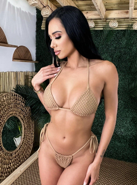 Berry Beachy Swimwear Apparel & Accessories > Clothing > Swimwear Tan Tulum Fishnet Triangle Top & Tie Side Slide Thong Bottom Bikini (Plus Sizes Available) 2023 Sexy Tan Nude Beige Tulum Berry Beachy Swimwear Thong Bikini