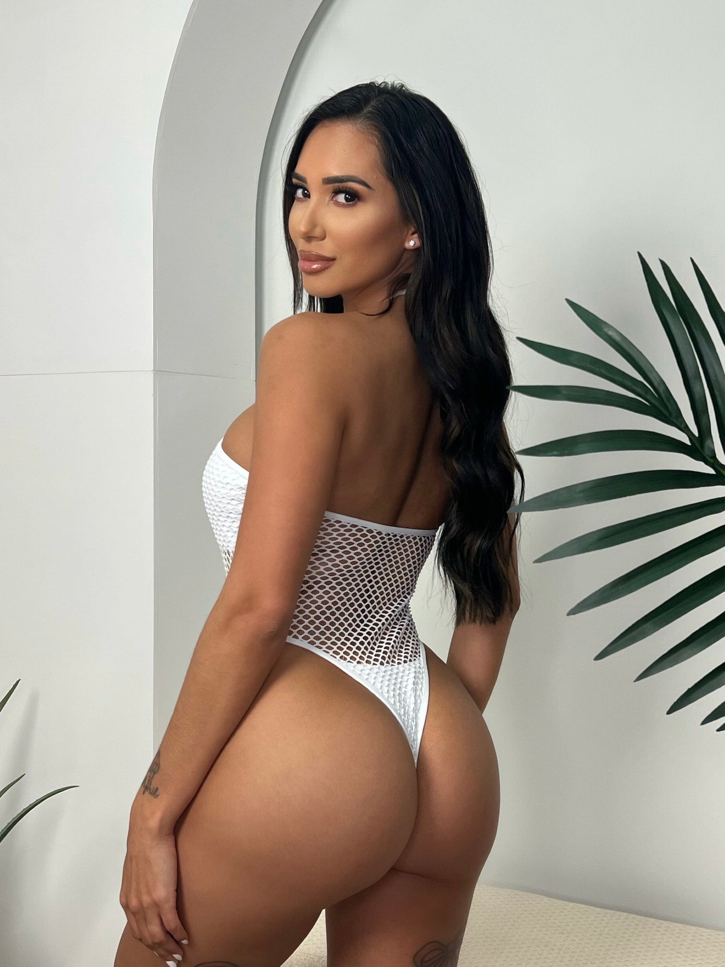 Berry Beachy Swimwear Apparel & Accessories > Clothing > Swimwear Tulum Body White Textured Sheer Mesh Thong G-String One Piece Swimsuit 2023 White Berry Beachy Swimwear Tulum Body Thong One Piece Swimsuit