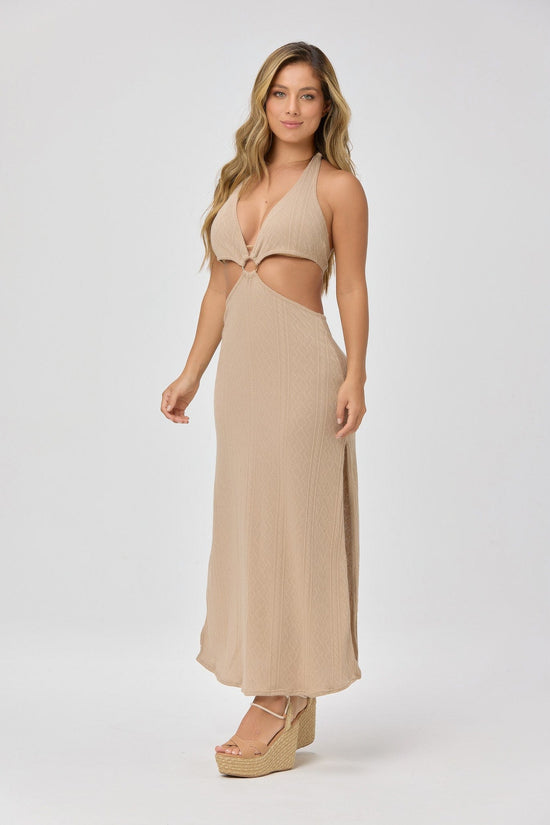 Lateen Swimwear Apparel & Accessories > Clothing > Swimwear Khaki Crochet Halter Neck Designer Luxury Long Dress w/ Side Slit 2024 Tan Khaki Crochet Halter Cut Designer Long Dress w/ Slit