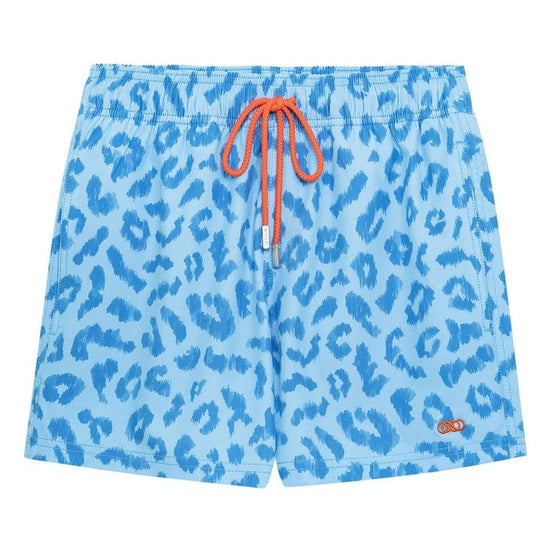 Le Club Apparel & Accessories > Clothing > Shorts 4.25 Inches / Small Blue Leopard Ember Print Men's Swim Trunk Board Shorts 2024 Blue Leopard Ember Le Club Men's Swim Trunk Board Shorts