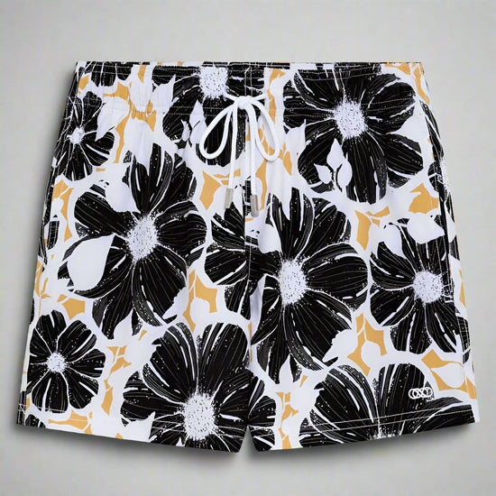 Le Club Apparel & Accessories > Clothing > Shorts 4.25 Inches / Small White & Black Bloom Floral Print Men's Swim Trunk Board Shorts 2024 White w/ Black Flower Men's Swim Trunk Board Shorts