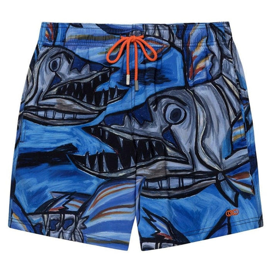 Le Club Apparel & Accessories > Clothing > Shorts 5.5 Inches / Small Blue Abstract Cuda Fish Print Men's Swim Trunk Board Shorts 2024 Blue Cuda Fish Men's Swim Trunk | Le Club Original