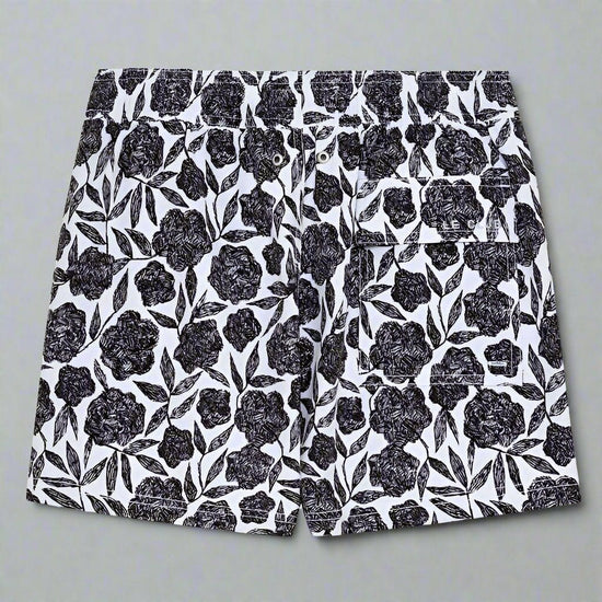 Le Club Apparel & Accessories > Clothing > Shorts White & Black Oasis Floral Print Men's Swim Trunk Board Shorts 2024 Le Club Oasis Black & White Floral Men's Swim Trunk Shorts