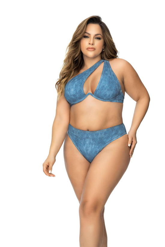 Mapale Apparel & Accessories > Clothing > Swimwear Blue / 1/2X Denim Print Plus Size One Shoulder Tops & High Waist Bottom Bikini 2024 Sexy Denim Print Plus Size One Shoulder Tops & High Waist Bottom Bikini