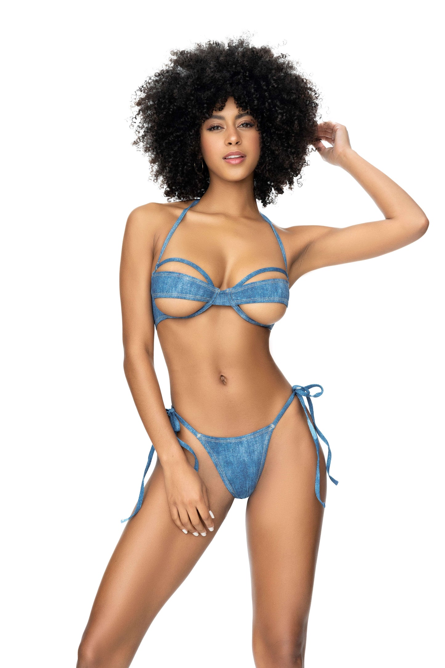 Mapale Apparel & Accessories > Clothing > Swimwear Blue / S/M Denim Print Underwire Top w/ Underboob Cut-out Side Tie Thong Bottom Bikini 2024 Sexy Denim Print Underwire Top w/ Side Tie Thong Bottom Bikini