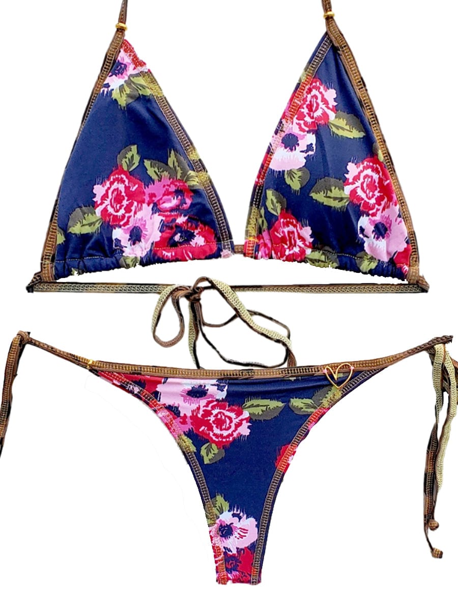 Montoya Apparel & Accessories > Clothing > Swimwear Blue / One Size Liliana Montoya Blue Floral Brasilerita Triangle Top & Tie Side Thong Bottom Bikini 2022 Liliana Montoya Navy Blue Floral Thong Gstring Micro Bikini