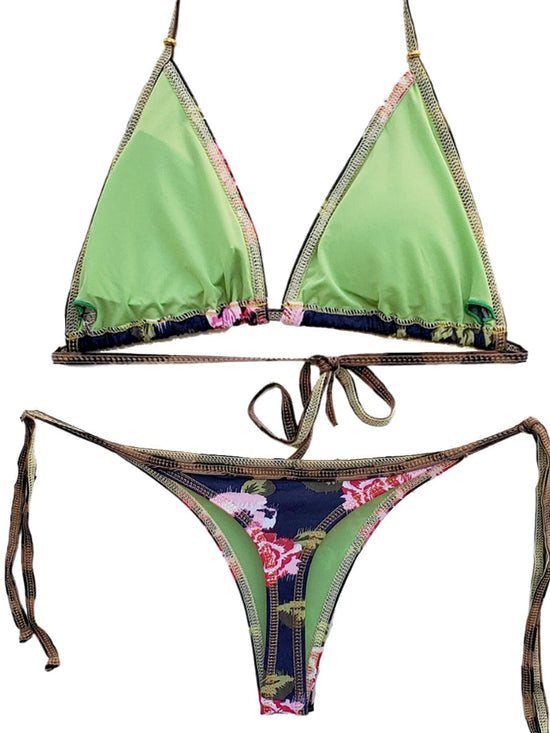 Montoya Apparel & Accessories > Clothing > Swimwear Blue / One Size Liliana Montoya Blue Floral Brasilerita Triangle Top & Tie Side Thong Bottom Bikini 2024 Liliana Montoya Navy Blue Floral Thong Gstring Micro Bikini