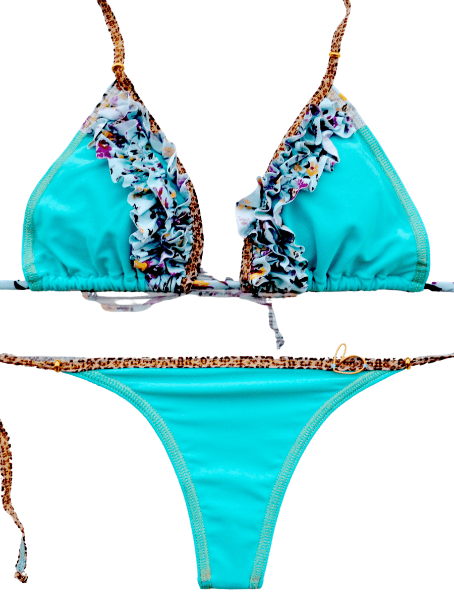 Montoya Apparel & Accessories > Clothing > Swimwear Blue / One Size Liliana Montoya Blue w/ Floral Trim Triangle Top & Tie Side Thong Bottom Bikini 2024 Sexy Liliana Montoya Blue w/ Floral Trim Thong Bottom Bikini