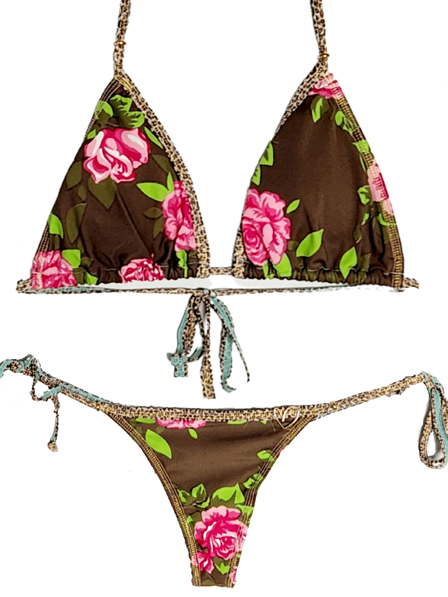 Montoya Apparel & Accessories > Clothing > Swimwear Brown / One Size Liliana Montoya Brown Floral Brasilerita Triangle Top & Tie Side Thong Bottom Bikini 2024 Liliana Montoya Brown Floral Thong G-String Micro Bikini