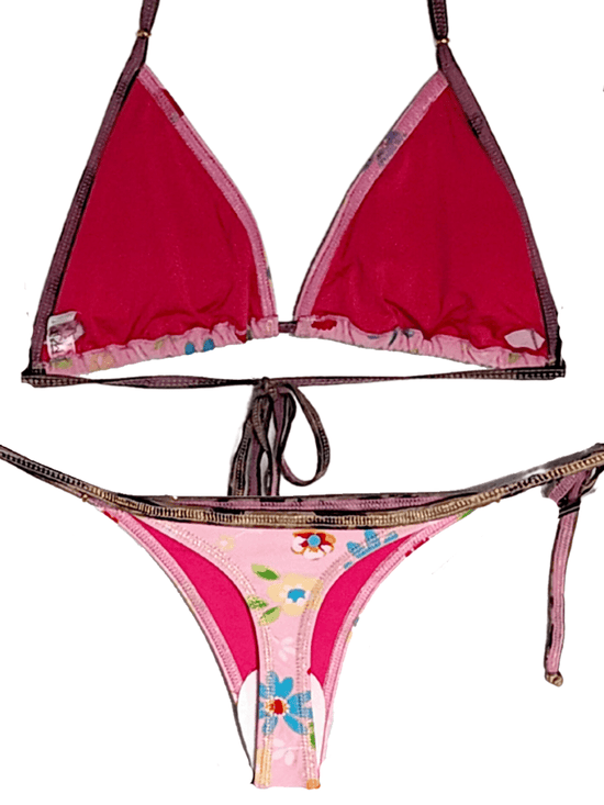 Montoya Apparel & Accessories > Clothing > Swimwear Pink / One Size Liliana Montoya Pink Floral Brasilerita Triangle Top & Tie Side Thong Bottom Bikini 2024 Sexy Liliana Montoya Pink Floral Thong G-String Bikini