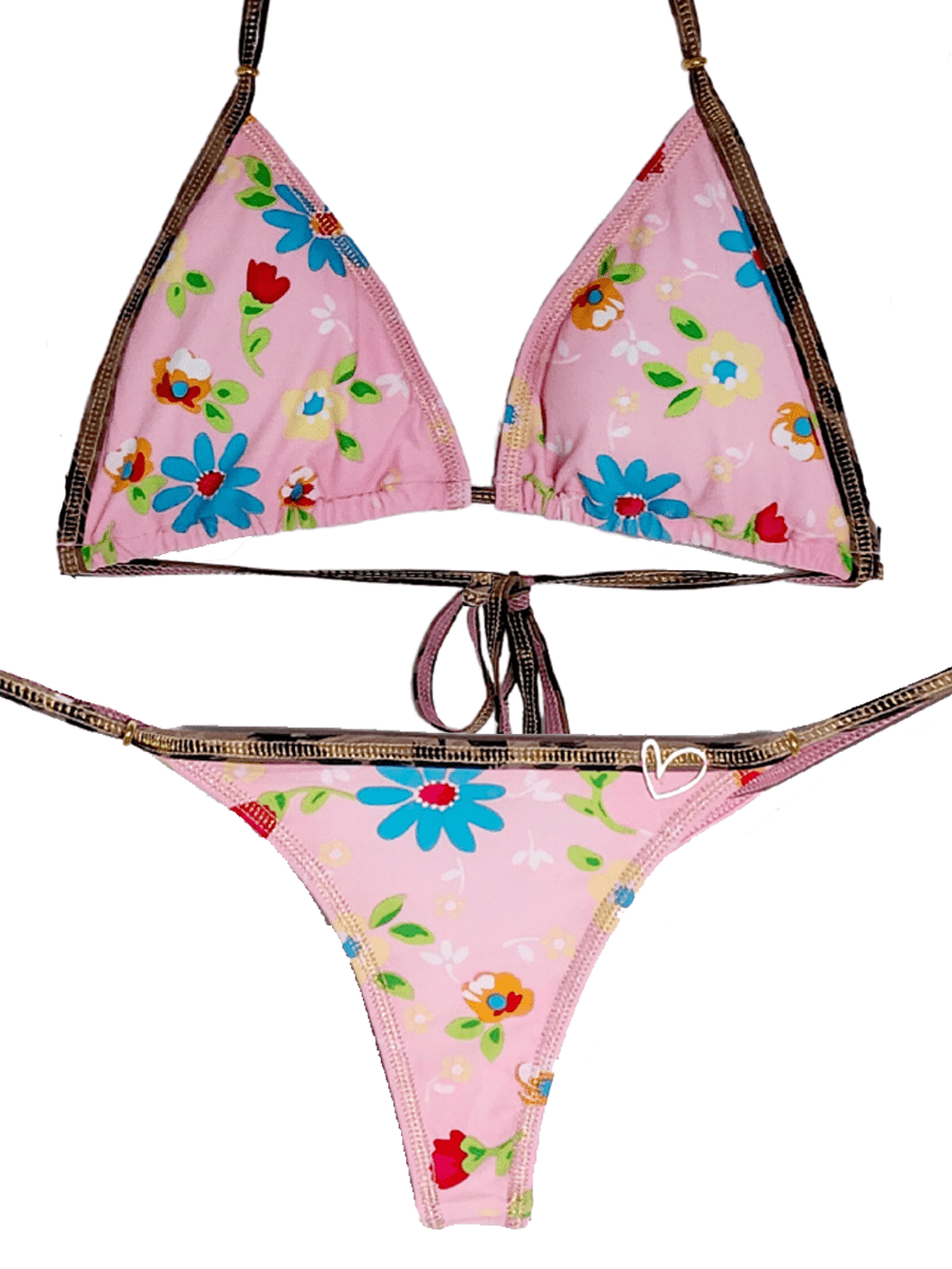 Montoya Apparel & Accessories > Clothing > Swimwear Pink / One Size Liliana Montoya Pink Floral Brasilerita Triangle Top & Tie Side Thong Bottom Bikini 2024 Sexy Liliana Montoya Pink Floral Thong G-String Bikini