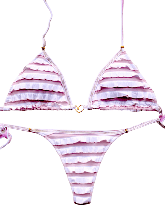 Montoya Apparel & Accessories > Clothing > Swimwear Pink / One Size Liliana Montoya Pink & White Stripe Ruffle Triangle Top & Tie Side Thong Bottom Bikini 2023 Sexy Liliana Montoya Pink White Stripe Thong Bottom Bikini