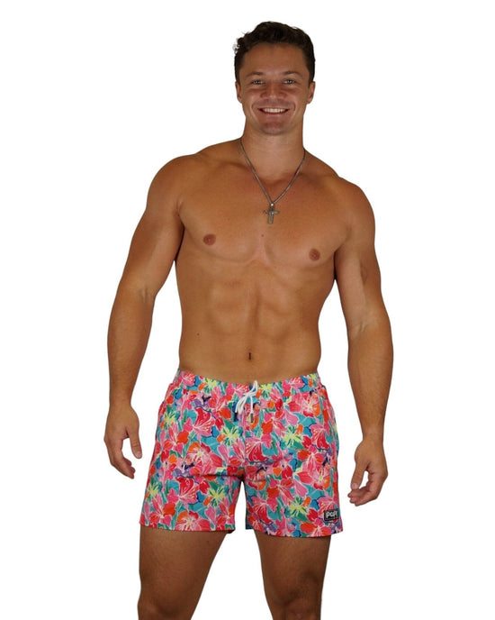 Papi Swim Apparel & Accessories > Clothing > Swimwear Men's Moana Aqua Floral Print 4-Way Stretch Fabric Swim Trunk 5.5" & 7.5" Inseam 2024 Papi Swim Men's Moana Floral Print Swim Trunks Board Shorts