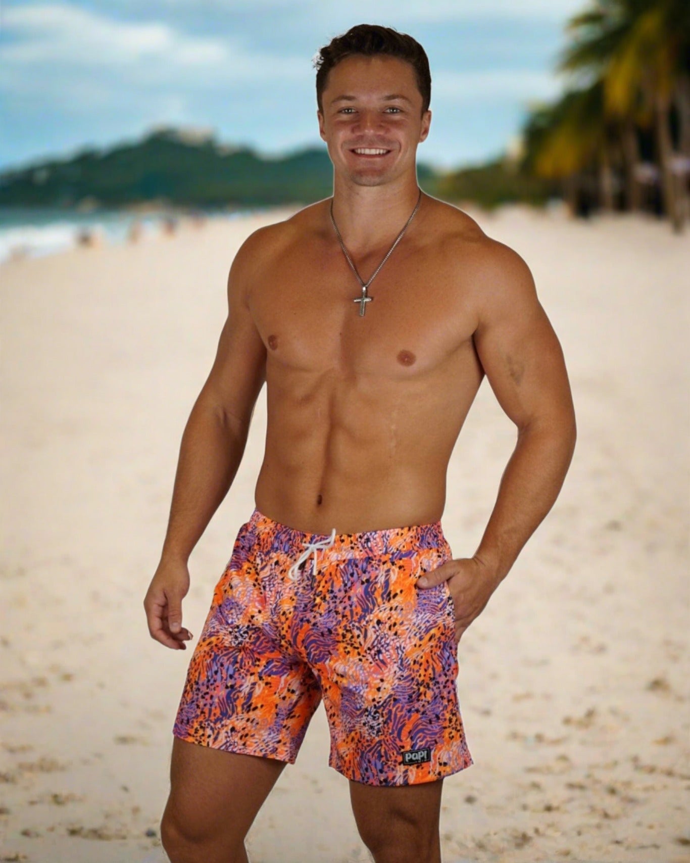 Papi Swim Apparel & Accessories > Clothing > Swimwear Men's ZIggy Orange Purple Print 4-Way Stretch Fabric Swim Trunks 5.5" & 7.5" Inseam 2024 Papi Swim Men's Mystique Yellow Pink Print Swim Trunks