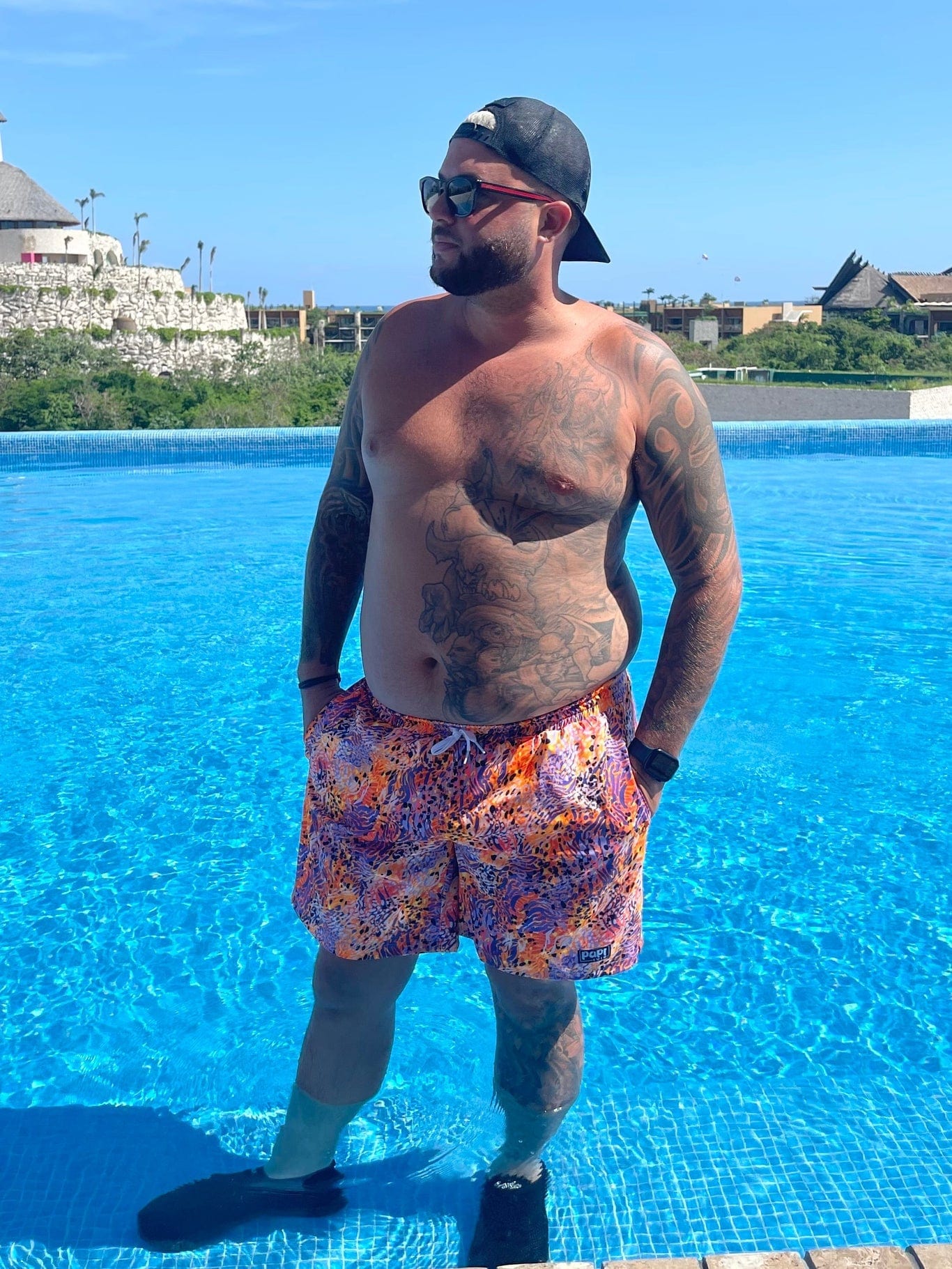 Papi Swim Apparel & Accessories > Clothing > Swimwear Men's ZIggy Orange Purple Print 4-Way Stretch Fabric Swim Trunks 5.5" & 7.5" Inseam 2024 Papi Swim Men's Mystique Yellow Pink Print Swim Trunks