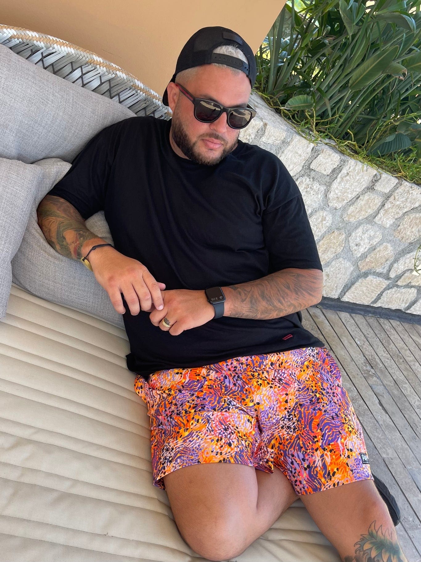 Papi Swim Apparel & Accessories > Clothing > Swimwear Men's ZIggy Orange Purple Print 4-Way Stretch Fabric Swim Trunks 5.5" & 7.5" Inseam 2024 Papi Swim Men's Mystique Yellow Pink Print Swim Trunks