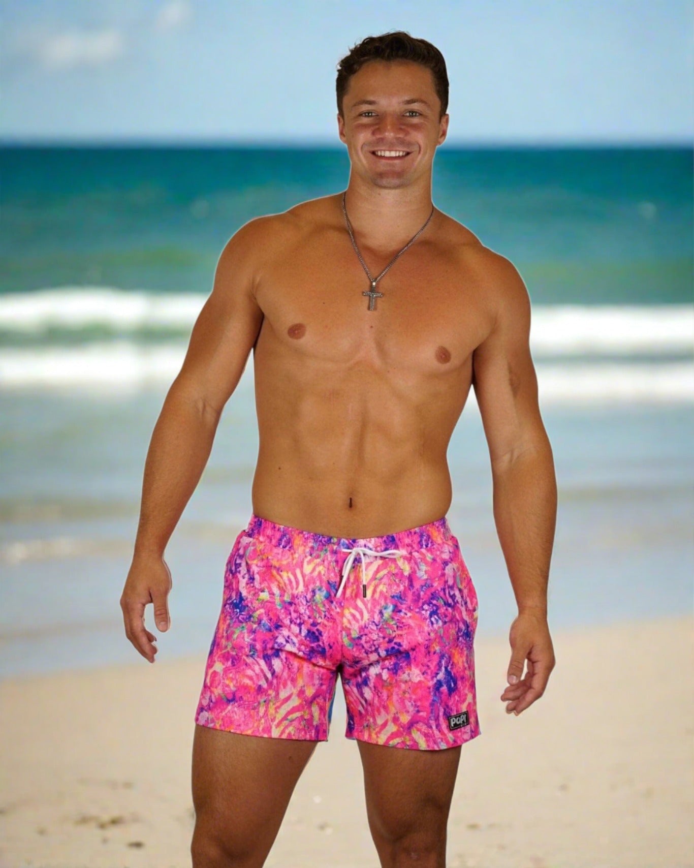 Papi Swim Apparel & Accessories > Clothing > Swimwear Pink / 5.5" Inseam / Extra Small Men's Fantasia Bliss 4-Way Stretch Fabric Swim Trunks 5.5" & 7.5" Inseam 2024 Papi Swim Men's Pink Fantasia Blue Floral Swim Trunks