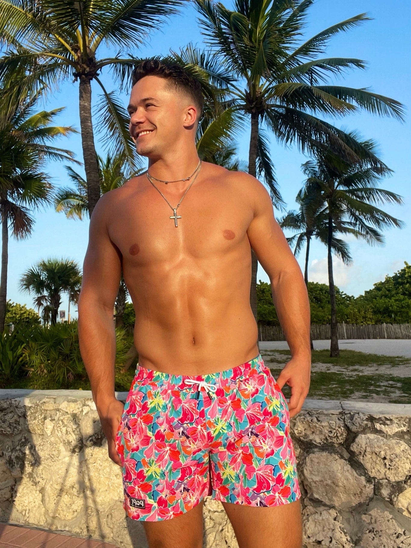 Papi Swim Apparel & Accessories > Clothing > Swimwear Print / 5.5" Inseam / Small Men's Moana Aqua Floral Print 4-Way Stretch Fabric Swim Trunk 5.5" & 7.5" Inseam 2024 Papi Swim Men's Moana Floral Print Swim Trunks Board Shorts